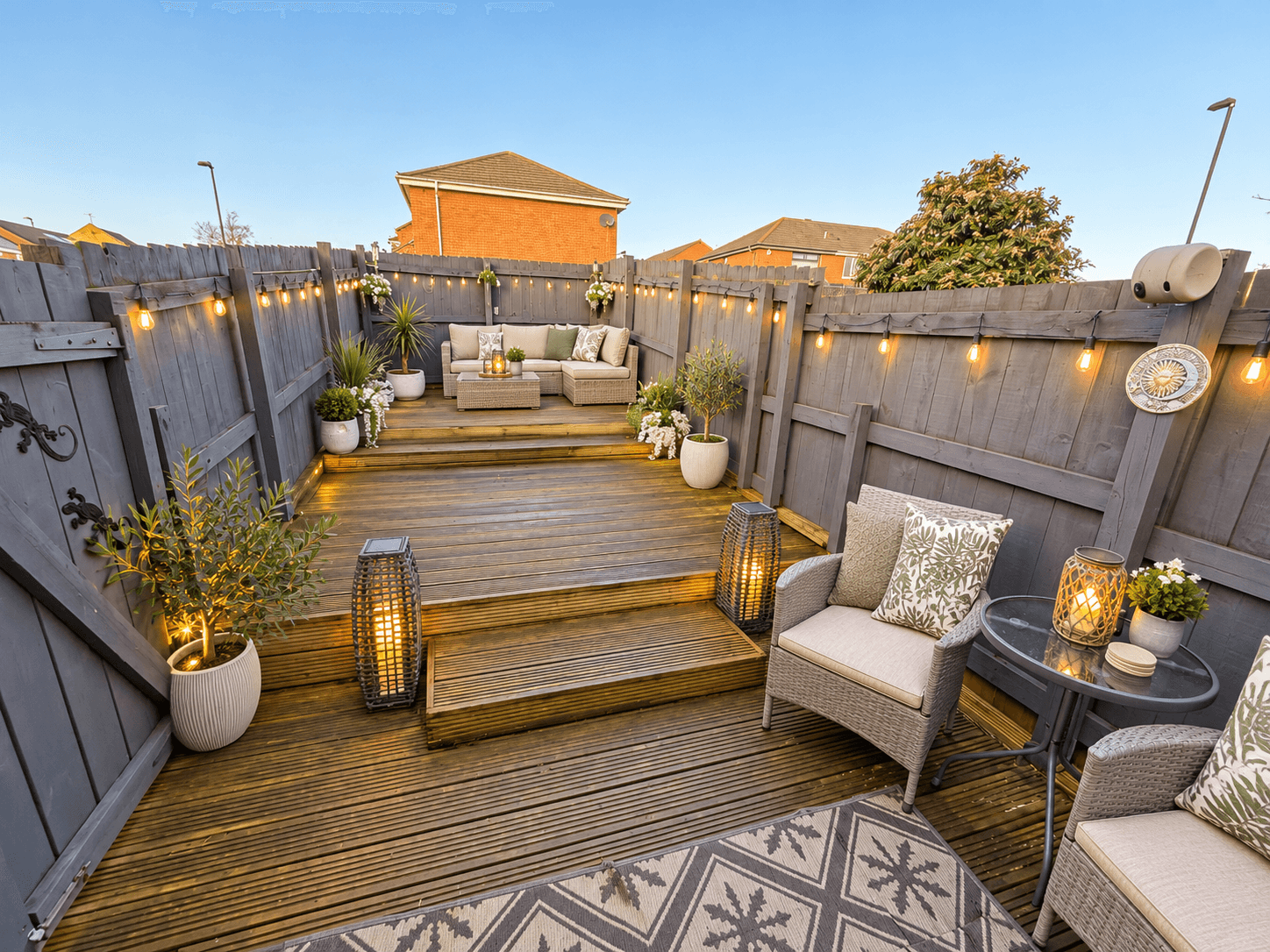 Outdoor patio and garden seating at Royal Quays